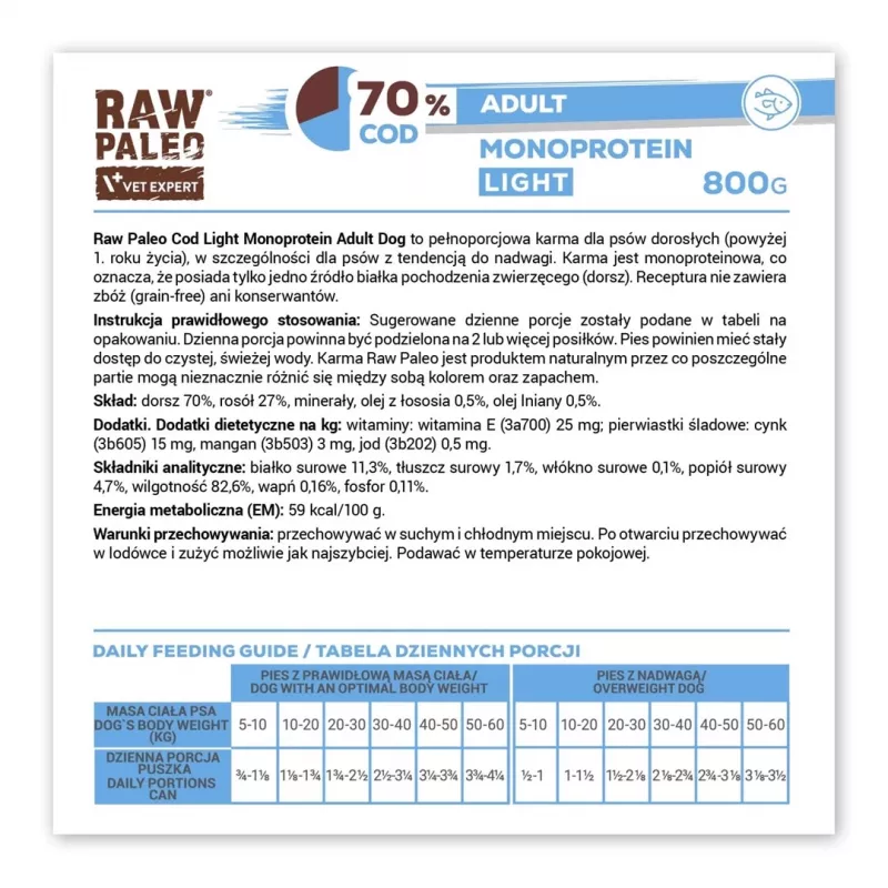 Wet dog food VETEXPERT Raw Paleo Cod Light Adult 800 g — canned, fish flavor, 11.3% protein, 1.7% fat