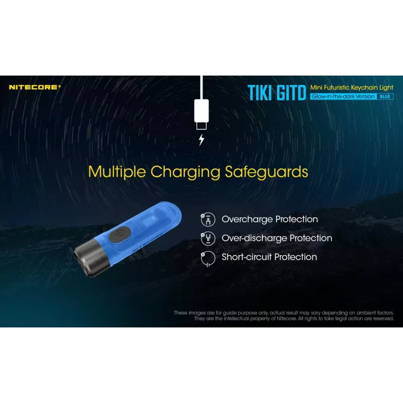 Keychain flashlight Nitecore TIKI GITD BLUE — grey, USB rechargeable, 1 lm, 55 mm, 12 g, IP66, shockproof