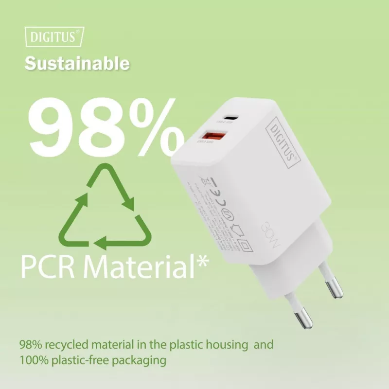 AC Indoor USB GaN Charger DIGITUS DA-10301 — 30W, 1× USB-C, 1× USB-A, 100–240V, white