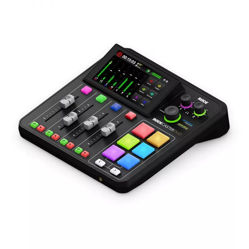 Studio controller RØDE Caster Duo Black — 2 combo XLR/TRS, 2 TRS line outs, 48 kHz, 24-bit, touchscreen, Wi‑Fi, Bluetooth