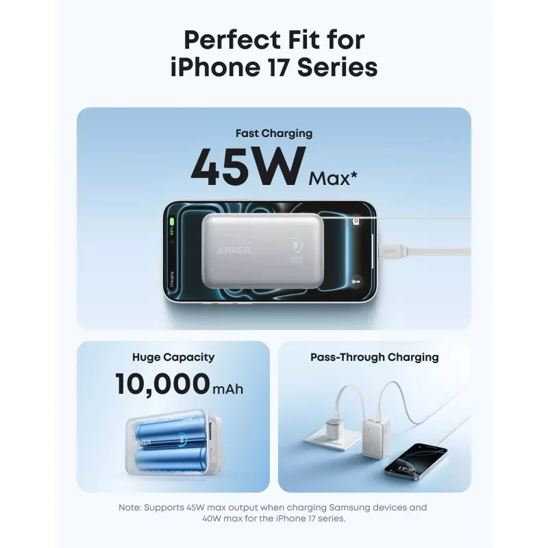 Power bank Anker A1638 10000 mAh, 45 W total output, white, built-in retractable USB-C cable