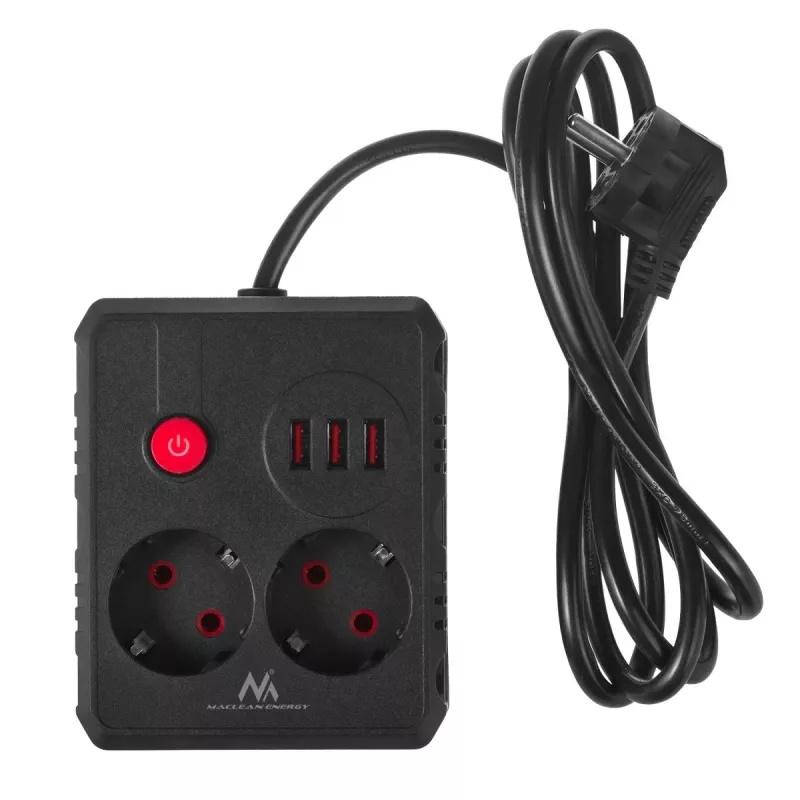 Power strip MACLEAN MCE387 B — 2 sockets, 3×USB A, 110–240V, 1.5 m cable, max 2500W