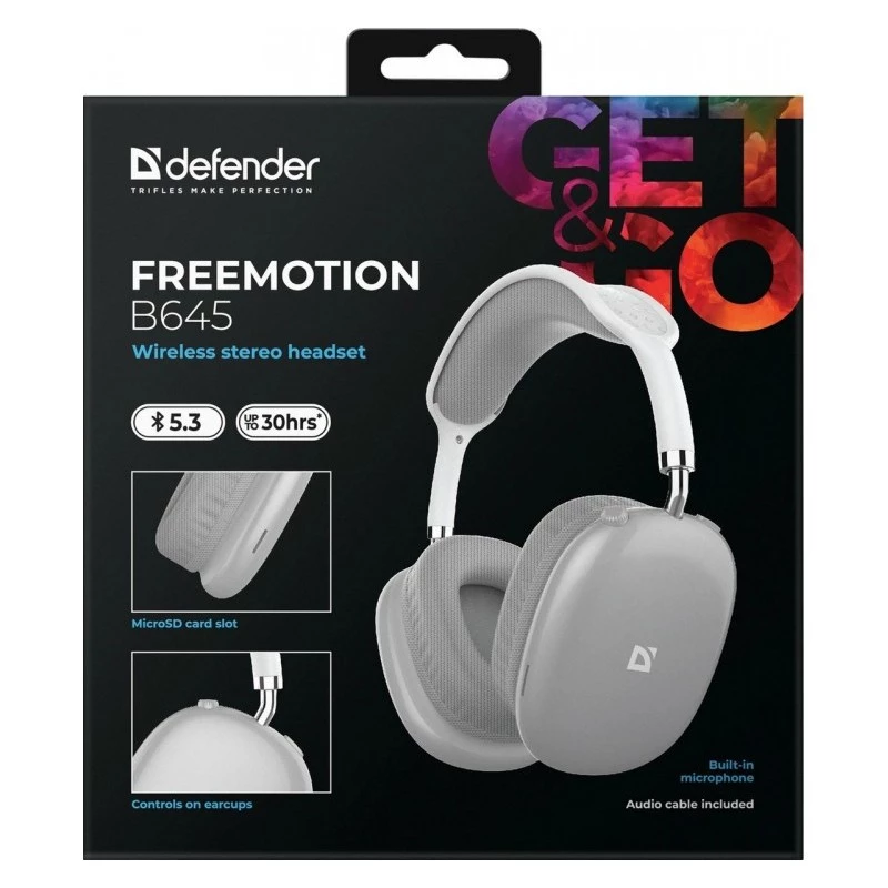 Wireless over-ear headphones DEFENDER EEMOTION B645 — binaural, USB-C, AUX, 20–20,000 Hz, 105 dB sensitivity