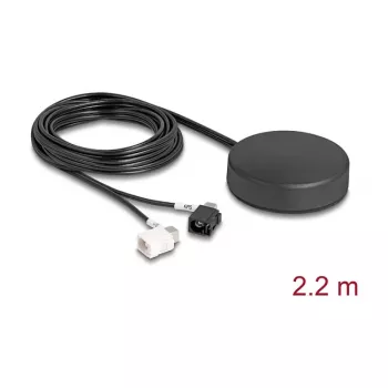 DELOCK 4G GNSS roof-mount omnidirectional antenna — 1×FAKRA A + 1×FAKRA B, 2 dBi / 28 dB, 2.2 m RG-174, black