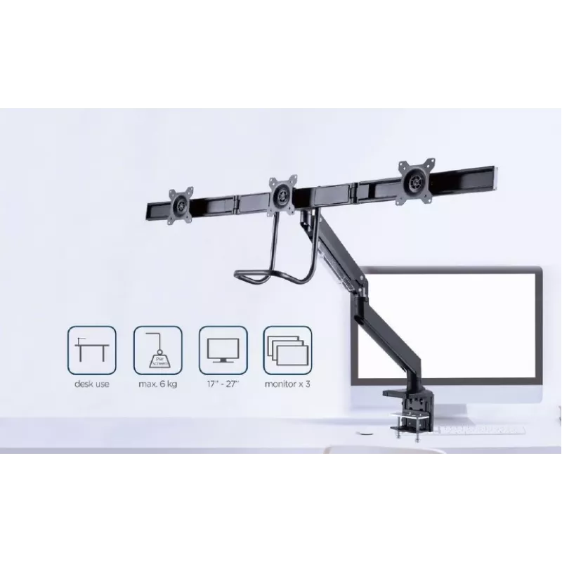 Desk monitor mount GEMBIRD MA-DA3-03, 3-arm, gas spring, VESA 75–100x100, supports 3 displays up to 27 inch, max 18 kg, black