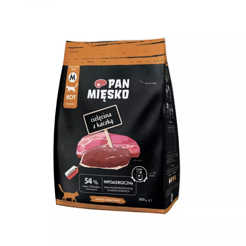Dry cat food Pan Miesko Veal with Duck, Complete Kibble for Adult Cats, 400 g, 39% Protein, 16% Fat