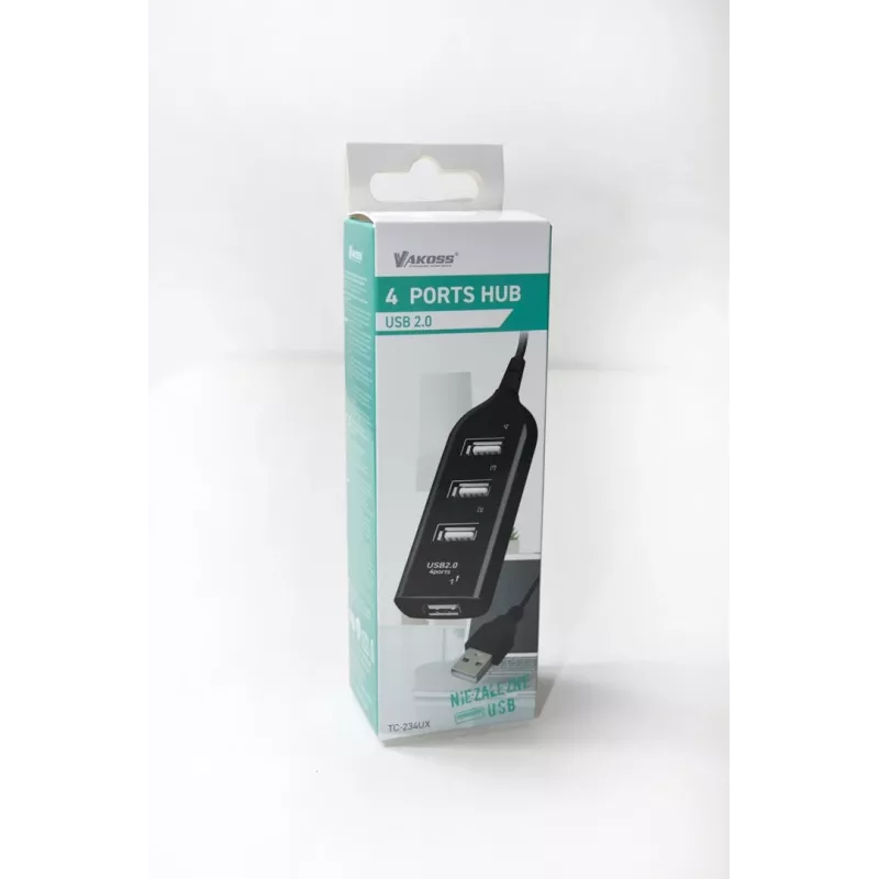 VAKOSS USB hub TC-234UX — 4-port USB 2.0 hub, DC power (5V, 1A), black