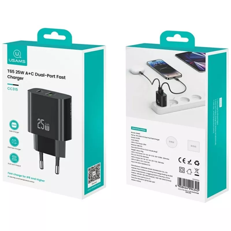 USB charger usams USA001629 25W 1×USB-C + 1×USB-A fast charging
