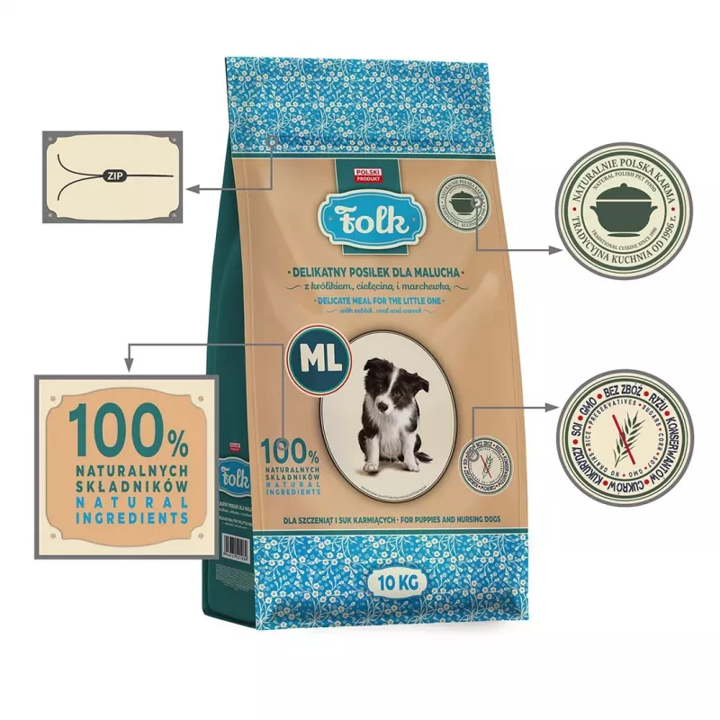 FOLK Junior Medium and large breeds Gentle meal for puppy with rabbit, veal and carrot - dry dog food - 10kg