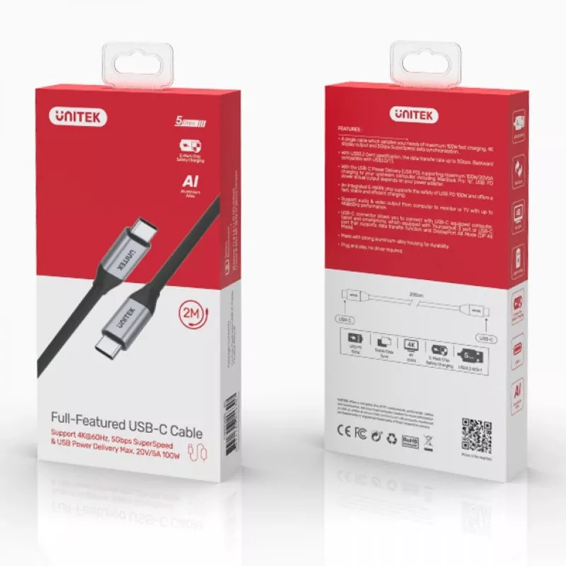 UNITEK C14091ABK USB cable USB 3.2 Gen 2 2m USB C Black