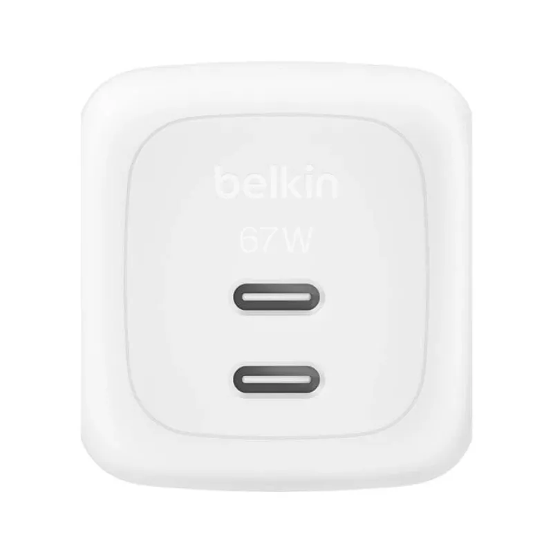 Indoor AC fast charger Belkin WCH020KQ2MWH-B6 — 2x USB‑C, 2 m integrated cable, white