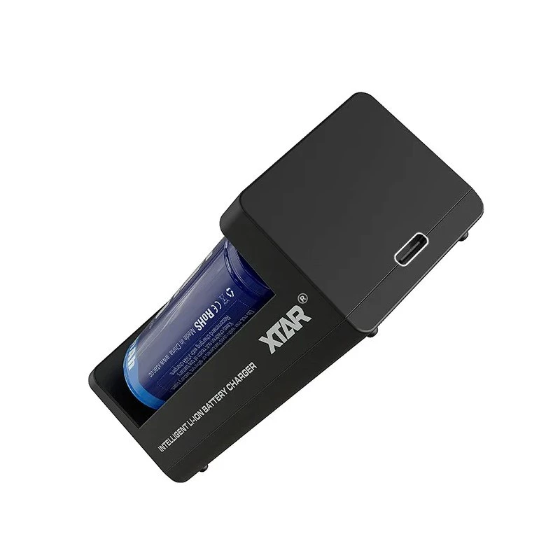 XTAR dual-slot Li-ion battery charger for 18650 cells, USB-C input, 2 slots, black, LED indicators