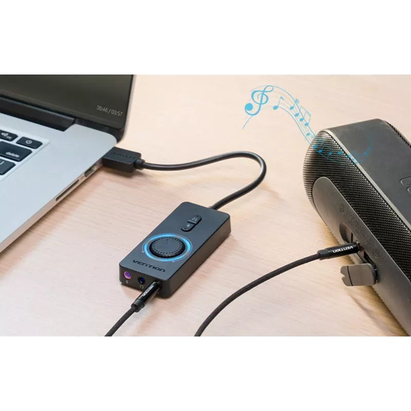 External USB 2.0 audio card Vention CDRBF — 16-bit, 44.1–48 kHz, USB-powered, 1 m cable, line-in/line-out
