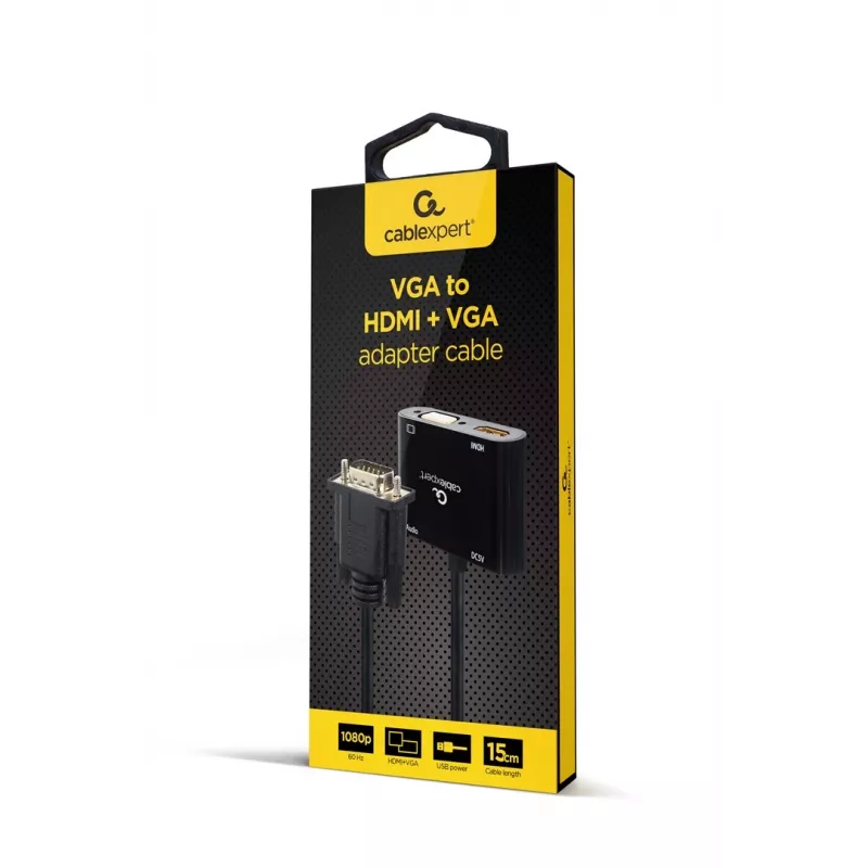 Video cable adapter GEMBIRD A-VGA-HDMI-02 0.15 m — HDMI + VGA (D-Sub) female to VGA (D-Sub) male, black