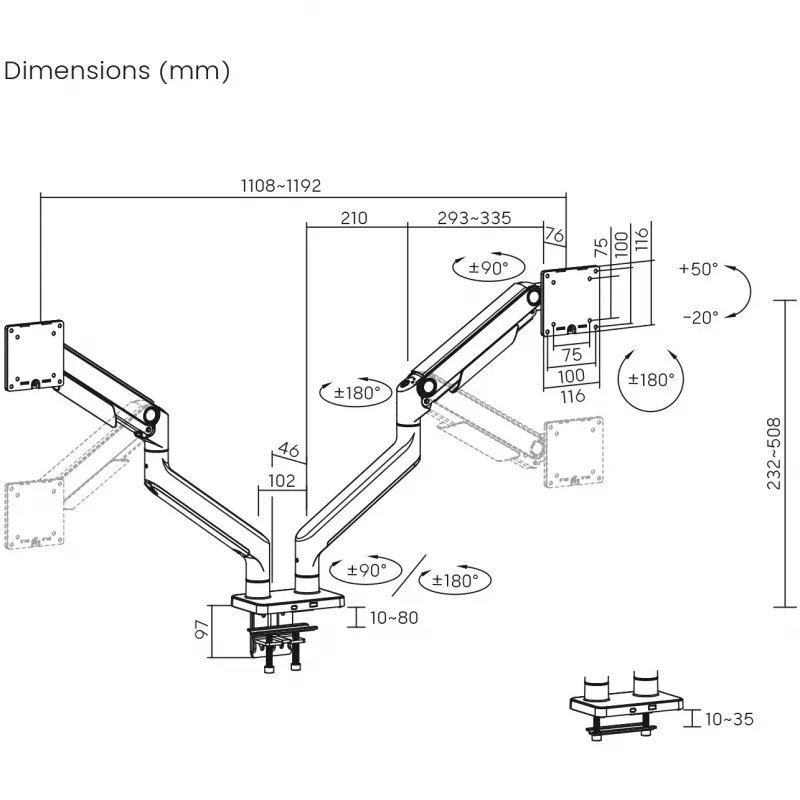 Monitor mount DIGITUS Dual Monitor Mount for 2×45 inch screens, clamp, 2×20 kg, VESA 75×75–100×100, tilt -20–50°