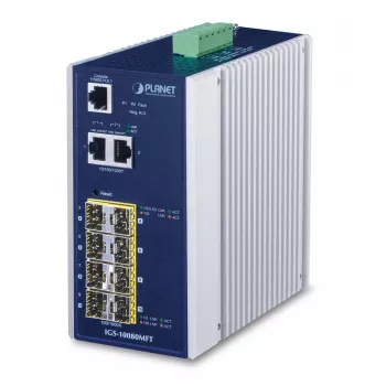 Managed network switch PLANET IGS-10080MFT — 2 x Gigabit RJ-45, 8 x SFP, 12–48V DC, Managed, IP30