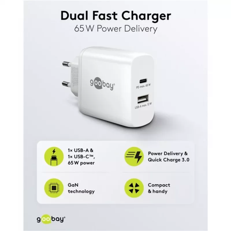 USB-C Dual-Fast Charger, PD, GaN, 65 Watt (White, 1x USB-C, 1x USB-A, Power Delivery)