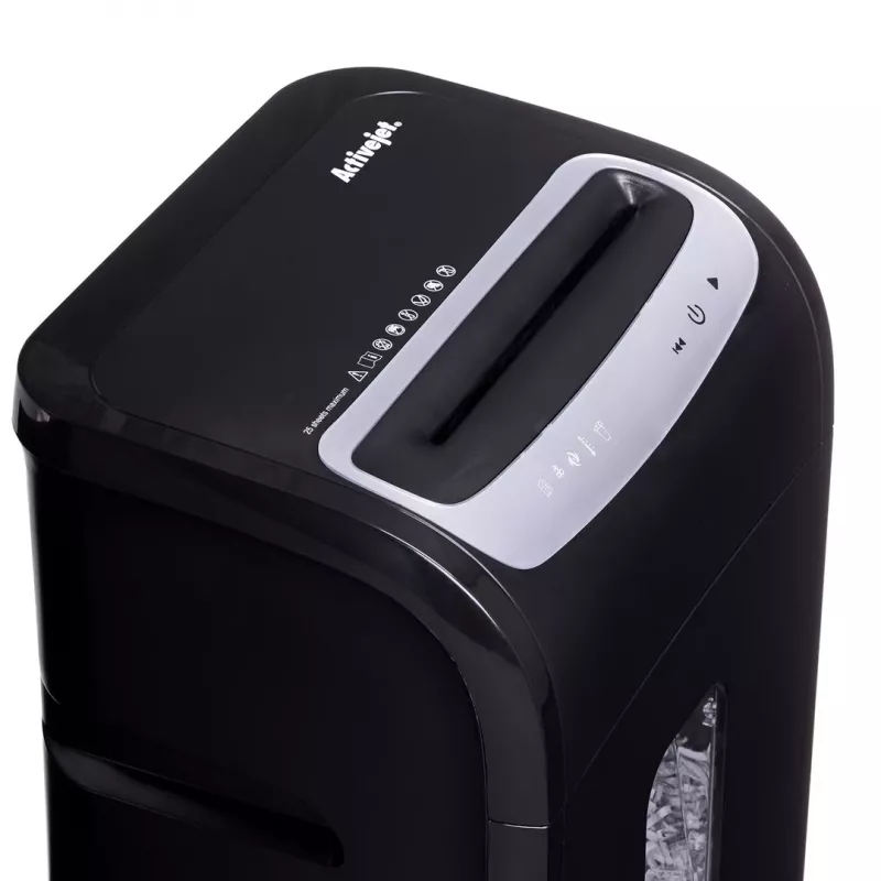 Document shredder ActiveJet ASH-2502C — cross cut P-4, 25 sheets, 4x40 mm, 28 L bin, 22.8 cm feed, 30 min duty