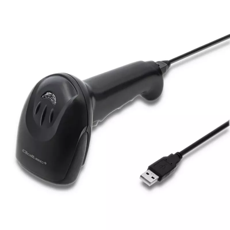 Handheld barcode reader QOLTEC 50866 — 1D laser scanner, USB wired, 600 mm range, black, 161.5×88×77 mm
