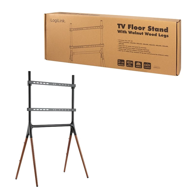 LogiLink BP0078 TV Floor Stand, 49-70 inch, 4 Walnut Wood Legs, 40 kg, Black
