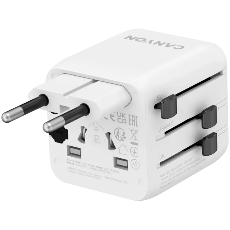 Travel adapter CANYON OnTour One EU UK US AUS White (CNS-TA1005W) - universal plug conversion for EU/UK/US/AUS
