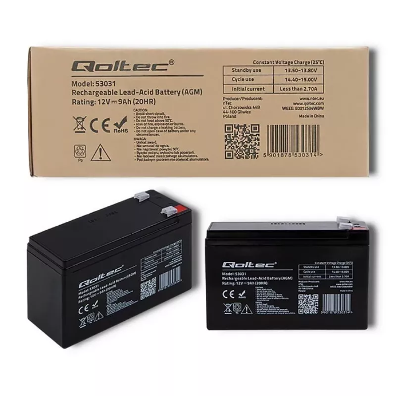Uninterruptible Power Supply battery QOLTEC 53031 12V 9Ah green, 152×94×65 mm, 2.35 kg