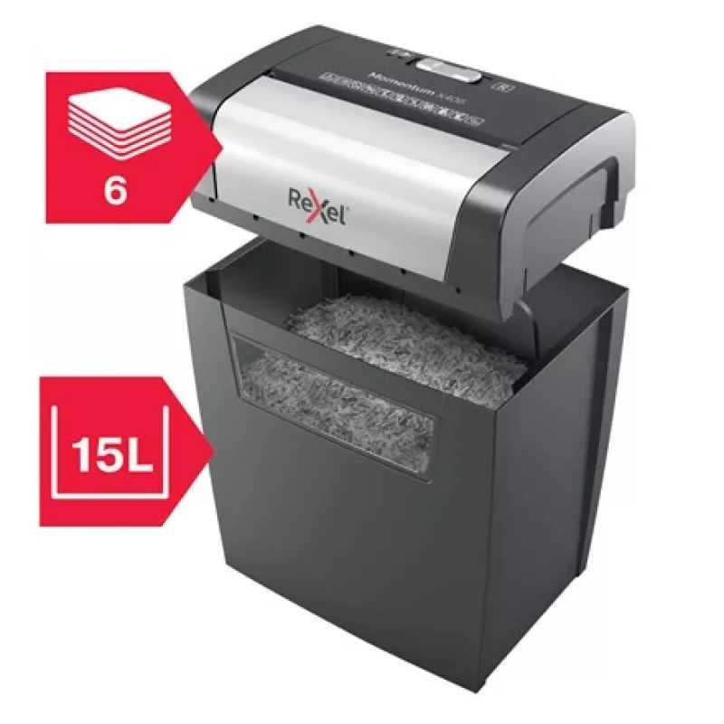 Rexel Momentum X406 Cross Cut Paper Shredder P4, Particle-cut shredding, 4 x 28 mm, 15 L, 125 sheets, 70 dB, Buttons
