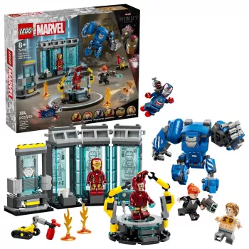 LEGO playset Marvel Iron Man's Laboratory Hall of Armor 76315 — 384 pieces, 5 minifigures, display area