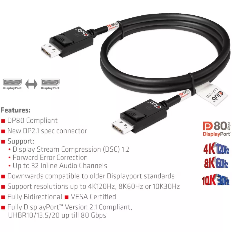 CLUB3D DisplayPort 2.1 Bi-Directional VESA DP80 Certified Cable 4K240Hz, 8K60Hz or 10K30Hz M/M 1.2m/3.94ft