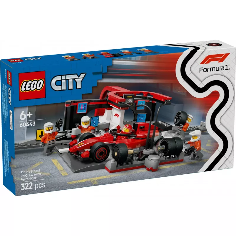 LEGO City F1 Pit Stop set 60443 — Ferrari F1 car, 322 pieces, 5 minifigures, age 6+