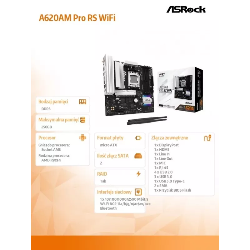 Motherboard ASROCK A620AM PRO RS WIFI AM5 microATX, AMD A620, 4×DDR5, Wi‑Fi, HDMI, DP, 3×M.2, 2×SATA, 7.1 audio, 1Gb LAN