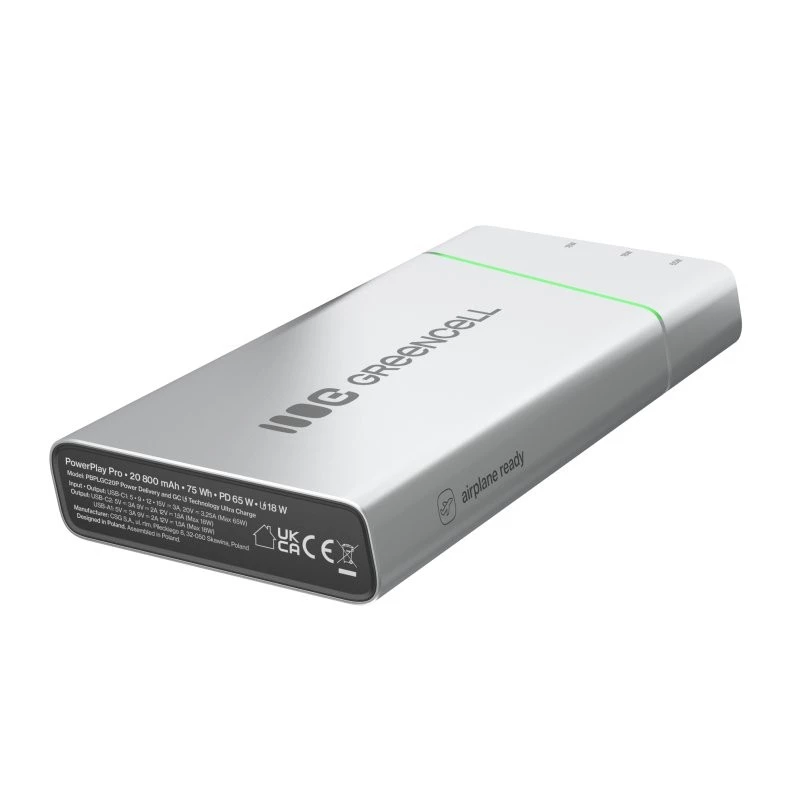 Portable battery Green Cell BPLGC20P 20800 mAh Lithium‑Ion, USB‑C PD 65W, 2x USB‑C + 1x USB‑A, aluminium housing