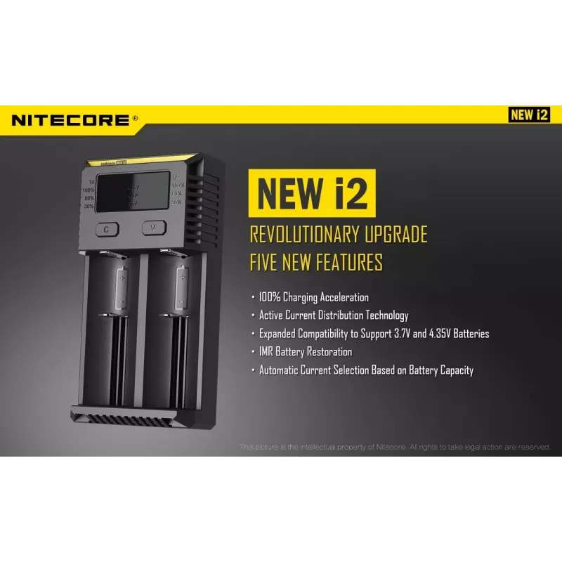Battery Charger Nitecore NEW i2 — 2‑bay charger for LiFePO4, Li‑Ion, NiMH; input 100–240V; output 9–12V; supports AAAA/C/D/AAA/AA; black