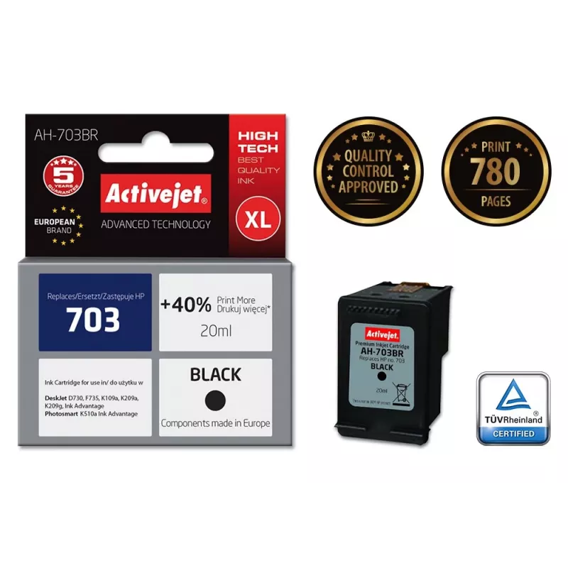 Ink cartridge ActiveJet AH-703BR compatible with HP 703 CD887AE, black, High (XL) 20 ml, pigment-based