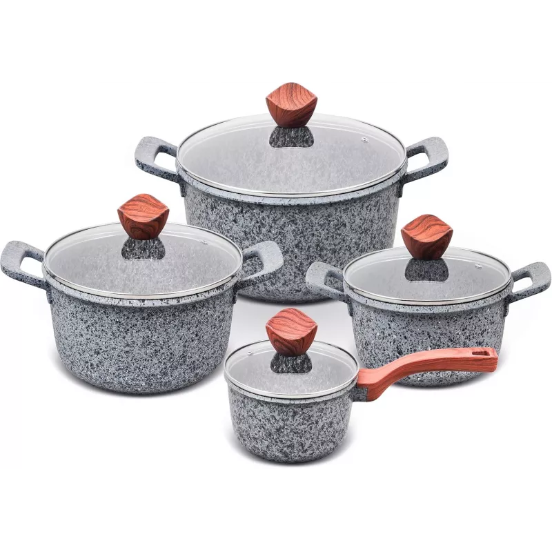 PROMIS Granite Cookware Set, 16 cm Saucepan and 20, 24, 28 cm Pots, Brown Handles