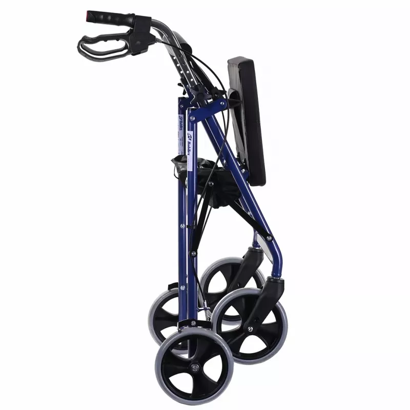 Four-wheel rollator walker with seat, blue/black