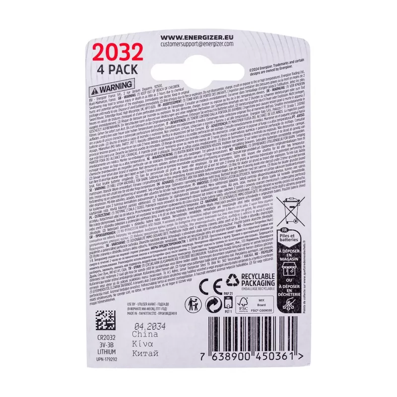 ENERGIZER BATTERY SPECIALIZED CR2032, 4 pieces, 3V, ECO