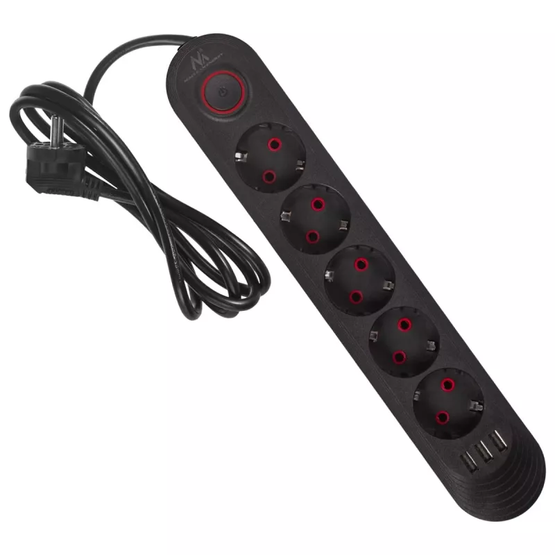 Power strip MACLEAN MCE395 B — 5 sockets, 3×USB, 110–240V AC, 2.1A USB, 2500W, 1.5 m cable, black
