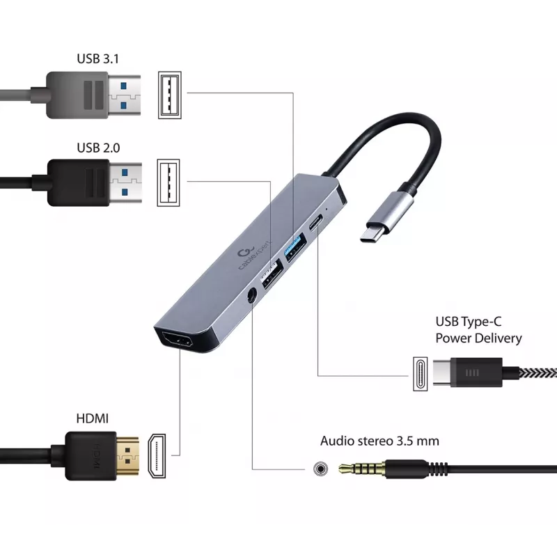 Gembird A-CM-COMBO5-02 laptop dock/port replicator Wired USB 3.2 Gen 1 (3.1 Gen 1) Type-C Silver