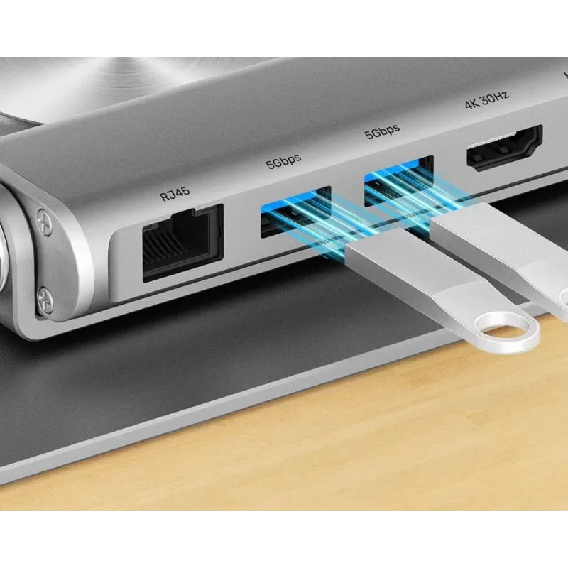 Laptop stand Unitek D1109B01 — aluminium adjustable stand with detachable USB‑C HDMI 4K PD 100W, 2x USB‑A, RJ‑45, for up to 17 inch