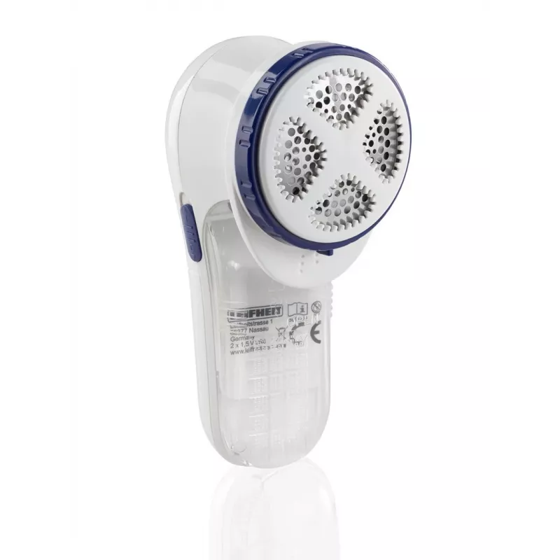 Fabric shaver Leifheit 80029 — battery-powered lint remover, 3 V, uses 2 batteries, blue/white
