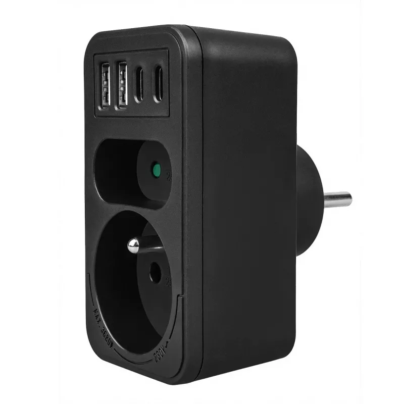 Power splitter MACLEAN MCE249 F/B — 2 AC sockets (16A + 6A) with 2×USB-A and 2×USB-C PD 20W, EU plug, black