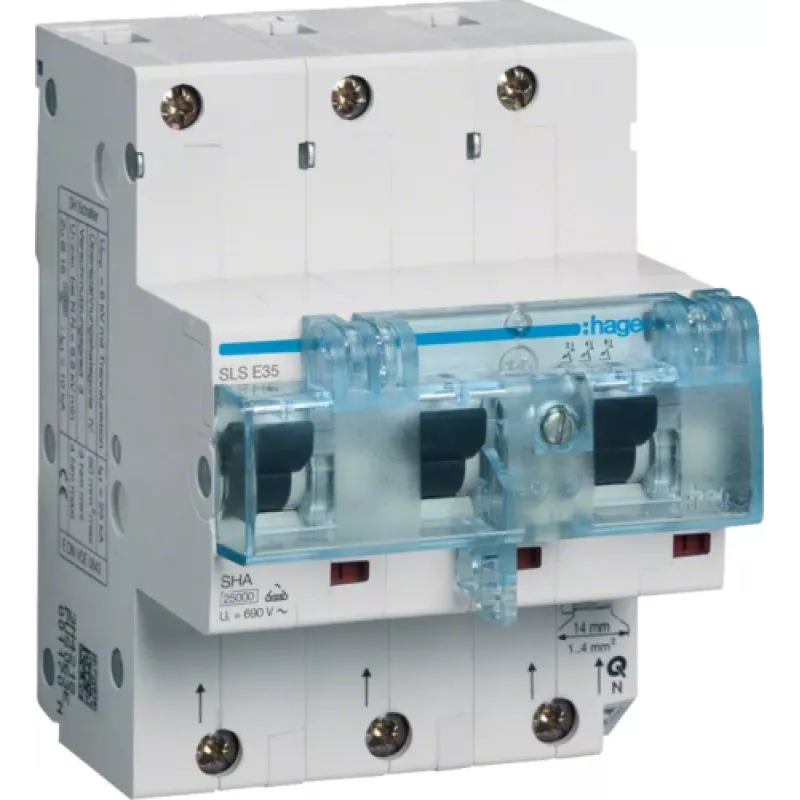 Hager HTN335E. Anzahl der Pole: 3P, Produktfarbe: Grau, Spulenspannung: 690 V. AC Eingangsspannung: 230/400 V, AC Eingangsfrequenz: 50/60 Hz, Nominale