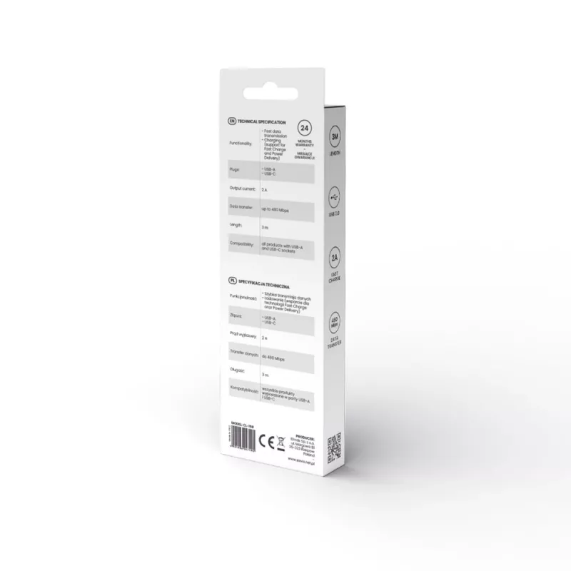 USB 2.0 cable SAVIO CL-168, USB A (male) to USB C (male), 3 m, white