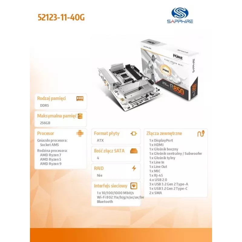 Motherboard Sapphire PURE B850A WIFI7 ATX — B850 chipset, Wi‑Fi 7, DDR4 support