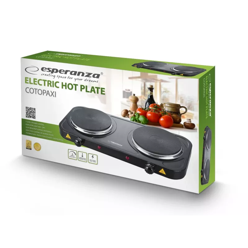 Countertop electric hob ESPERANZA EKH010K — 2-zone black, 155 mm, 2000 W, rotary controls