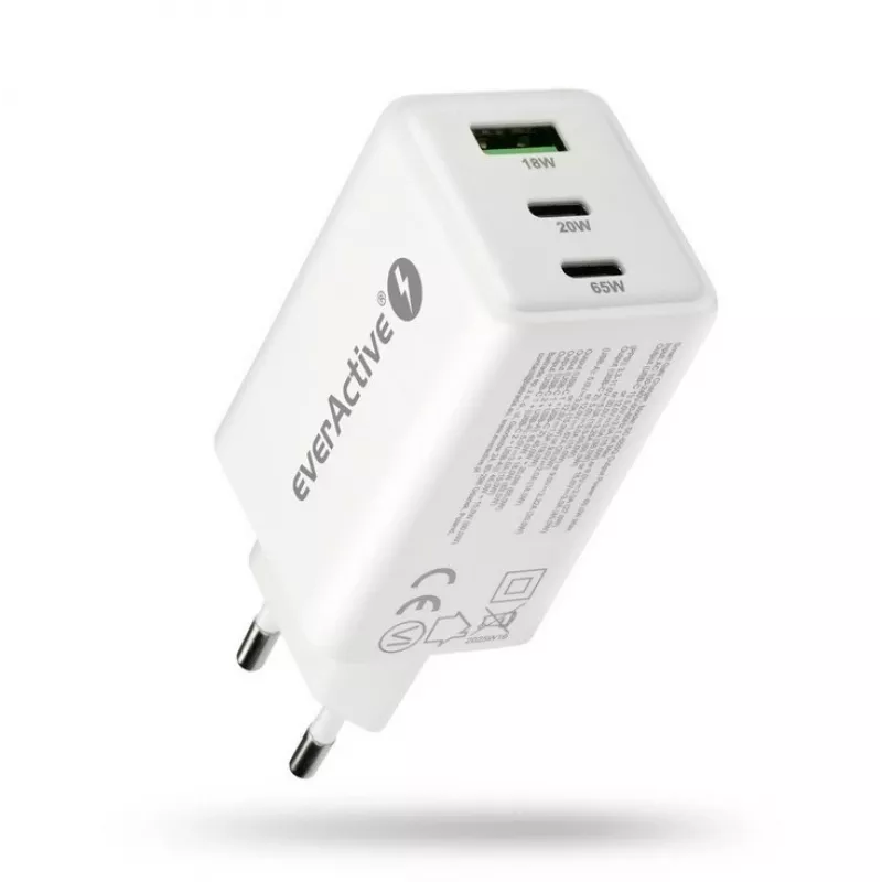 Power charger everActive SQ-655Q 65W, 1×USB-A + 2×USB-C fast charging