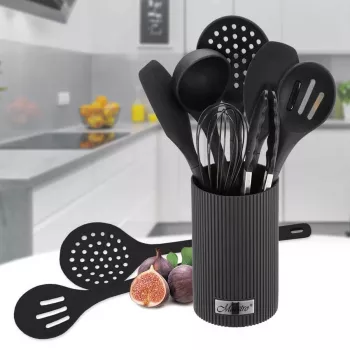 Kitchen utensil set Maestro MR-1542 — 8-piece silicone countertop tools, black, hangable with storage rack