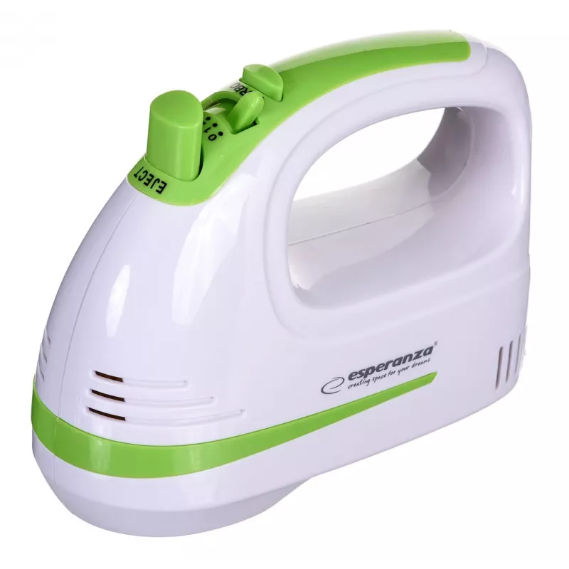 Hand mixer ESPERANZA EKM011 — 400 W, 5 speeds, turbo, dough hooks and beaters, 220–240 V, white/light green