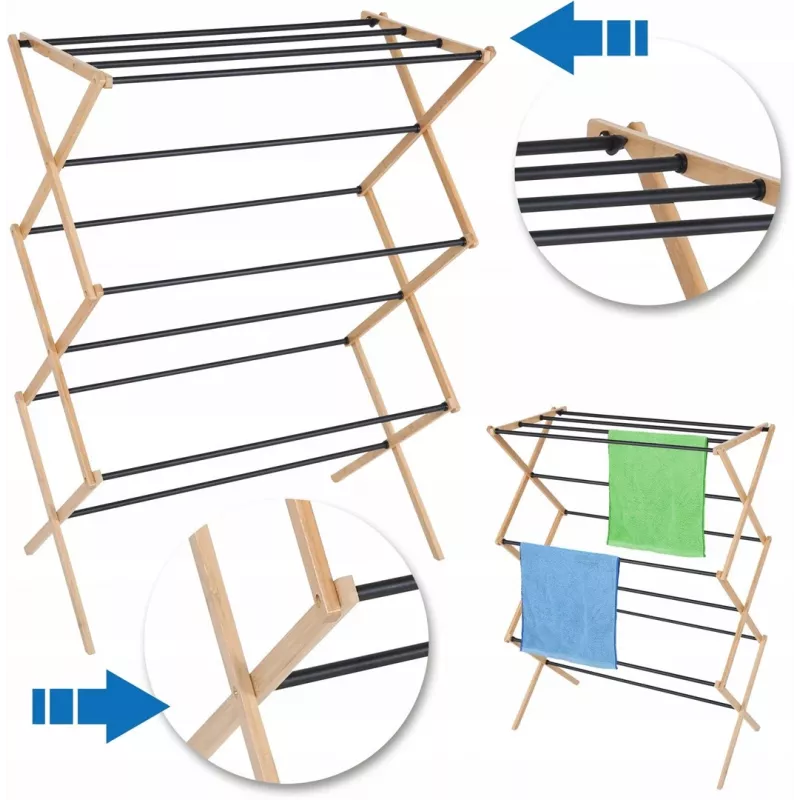 Clothes horse PROMIS ANCONA, foldable steel dryer with wood finish, 10 m drying space, 1000 mm height